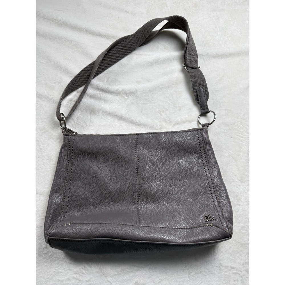 The Sak Gray Pebbled Leather Crossbody Bag Adjustable Strap Silver Hardware
